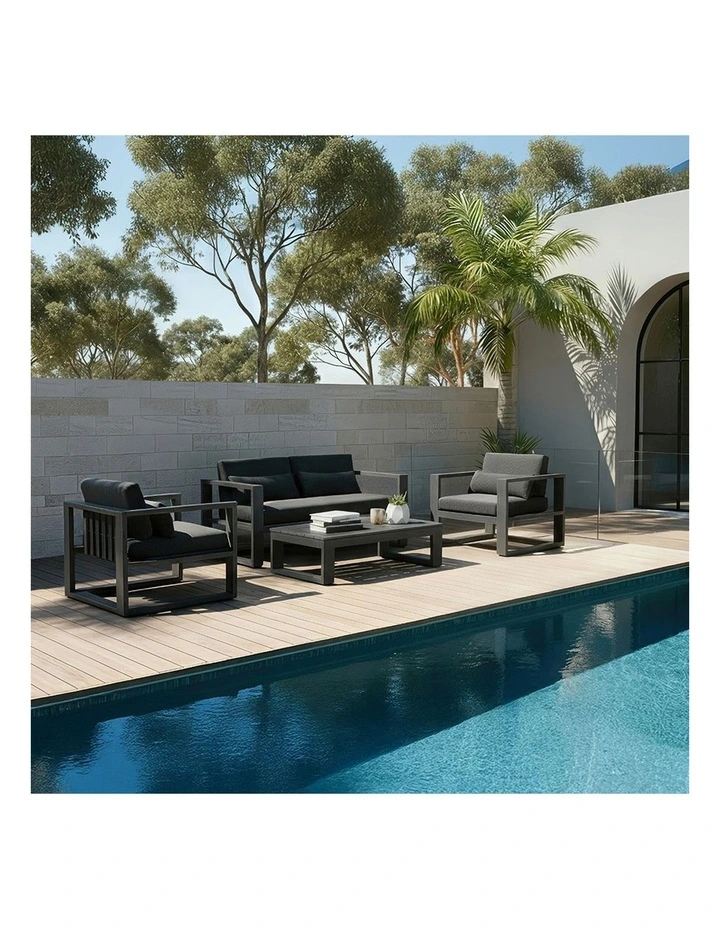 Santorini 2 1 1 Outdoor Aluminium Lounge Set Charcoal With Coffee Table & Denim Grey Cushions image 4