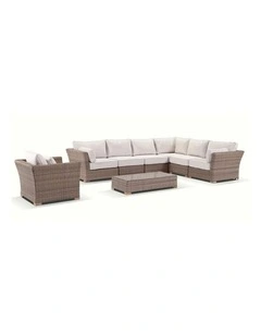 Coco Outdoor Wicker Corner Modular Lounge Brushed Wheat With Arm Chair & Coffee Table Cream Cushions