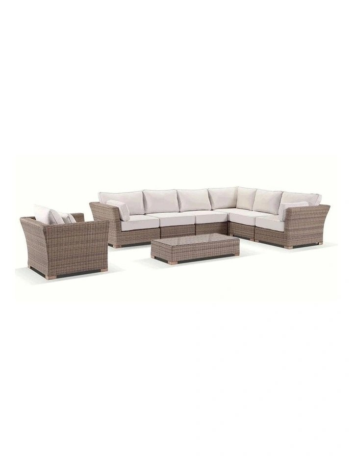 Coco Outdoor Wicker Corner Modular Lounge Brushed Wheat With Arm Chair & Coffee Table Cream Cushions image 1