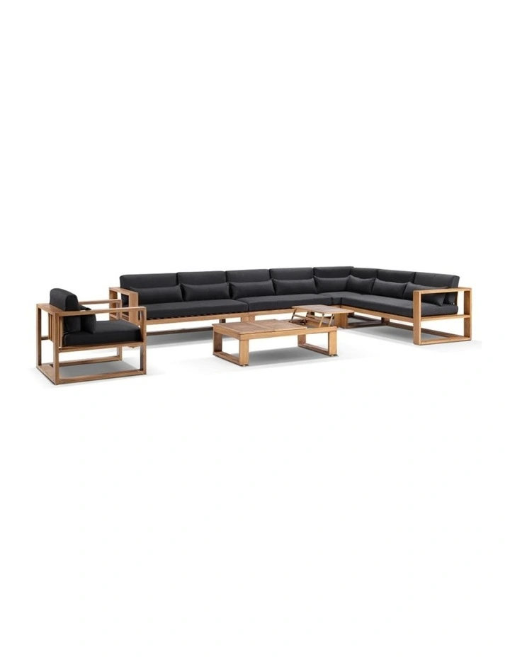 Santorini Package C Outdoor Aluminium Corner Lounge Teak Look & Denim Grey Cushions image 1