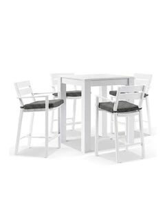 Santorini Outdoor Aluminium Square Bar Table White With 4 stools & Denim Grey Cushions