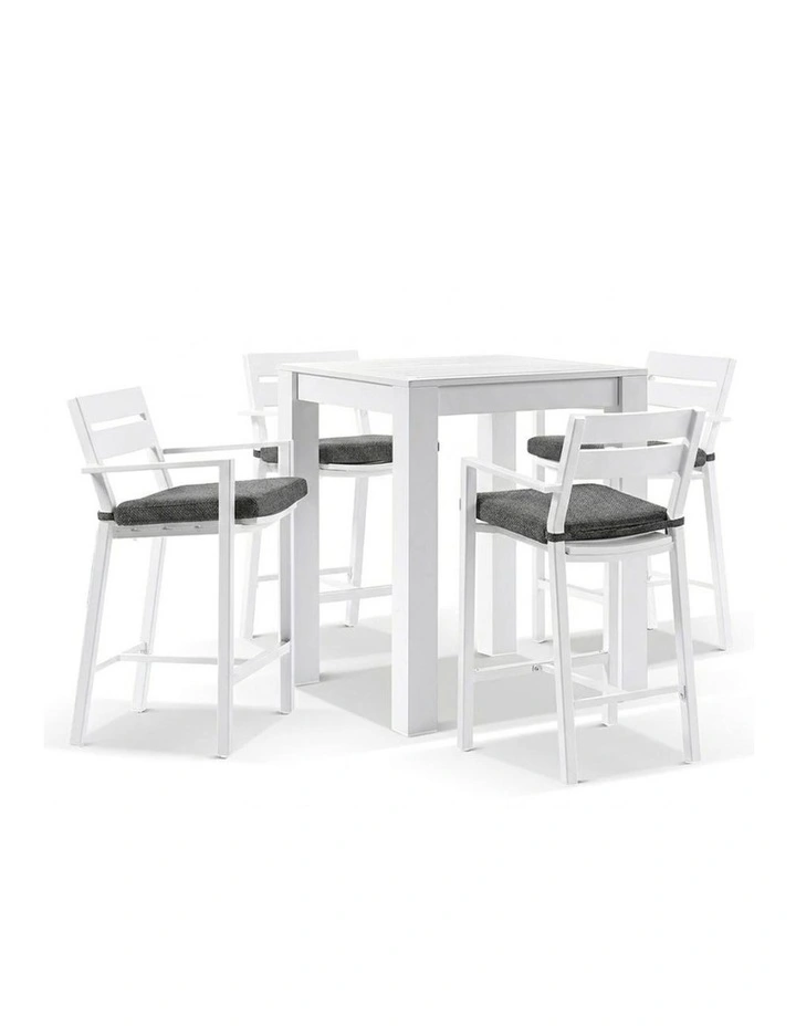 Santorini Outdoor Aluminium Square Bar Table White With 4 stools & Denim Grey Cushions image 1