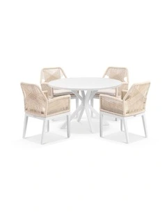 Houston Outdoor 1.2m Aluminium Dining Setting White With 4 Hugo Chairs & Cream Rope/Cream Cushions