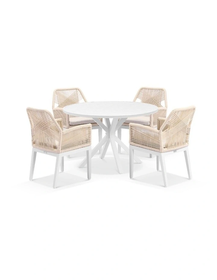 Houston Outdoor 1.2m Aluminium Dining Setting White With 4 Hugo Chairs & Cream Rope/Cream Cushions image 1