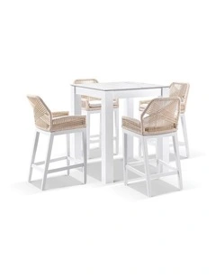Hugo Ceramic Square Aluminium Bar Table White With 4 Rope Stools & Cream Rope/Cream Cushions