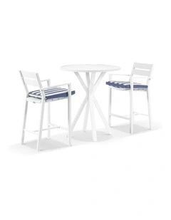 Houston Outdoor 90cm Round Aluminium Bar Table White With 2 Santorini Stools & Navy Stripe Cushions