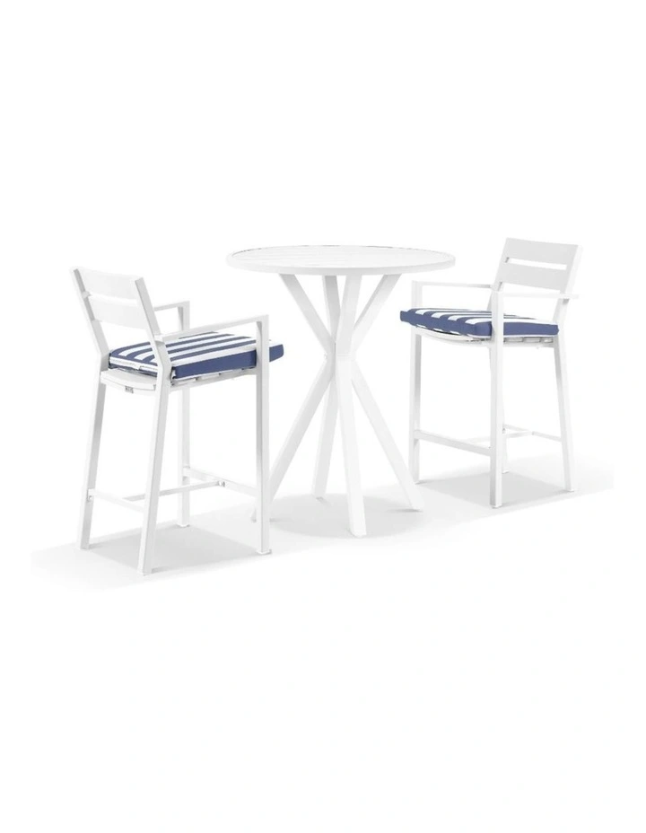 Houston Outdoor 90cm Round Aluminium Bar Table White With 2 Santorini Stools & Navy Stripe Cushions image 1