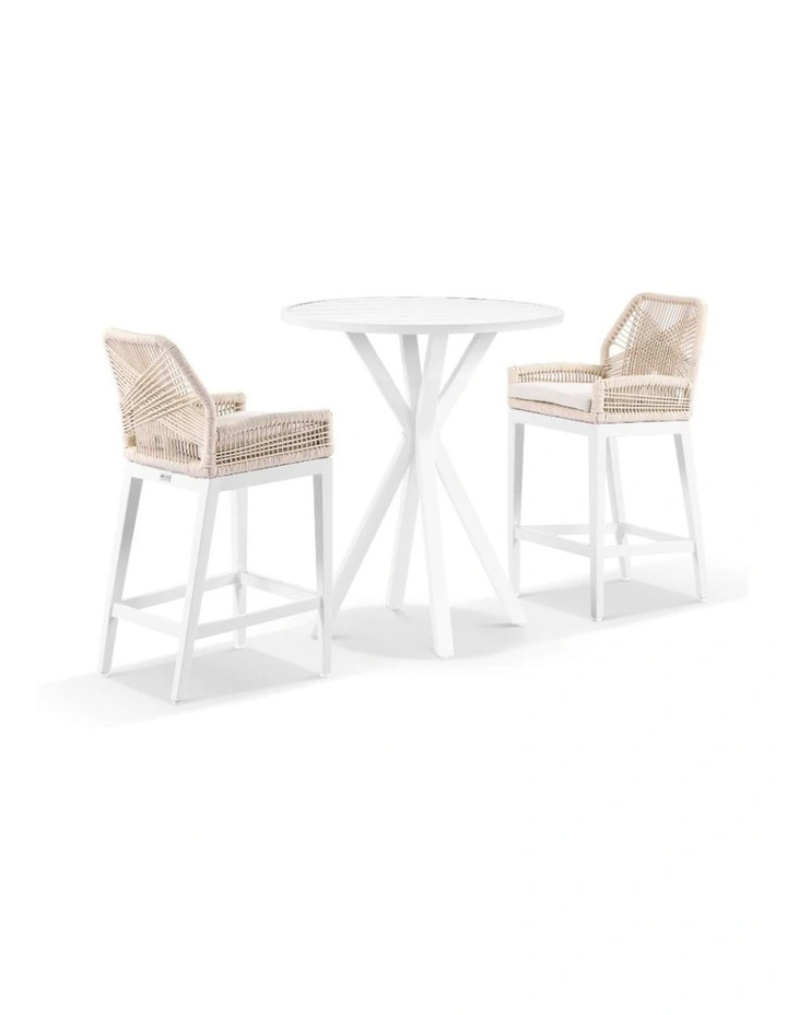 Houston Outdoor 90cm Round Aluminium Bar Table White With 2 Hugo Stools & Cream Rope/Cream Cushions image 1