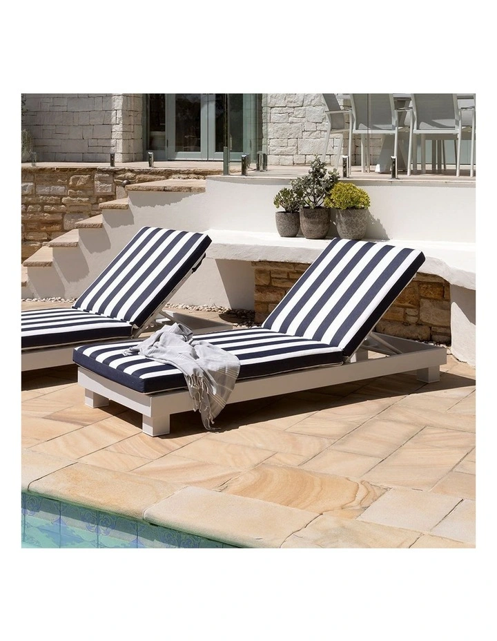 Santorini Aluminium Outdoor Sun Lounge White & Navy Stripe Cushions image 2