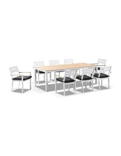 Tuscany 8 Seater Table White With Capri chairs with Teak Arm Rests & Denim Grey Cushions