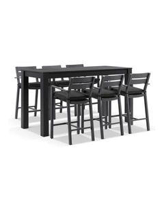 Santorini Outdoor Aluminium 2m Bar Table Charcoal With 6 stools & Denim Grey Cushions