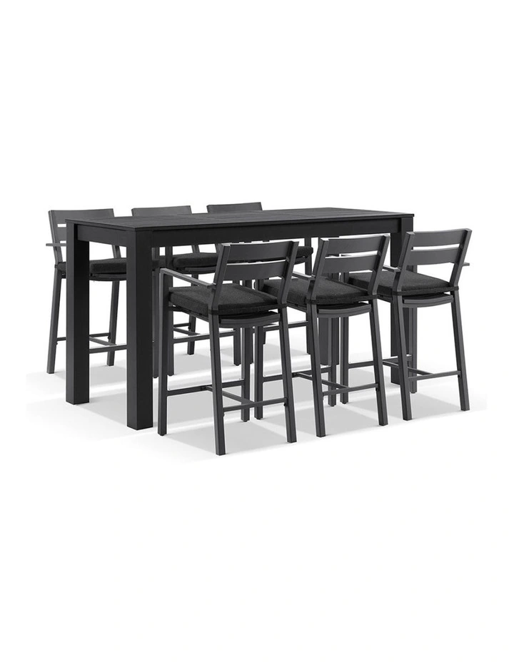 Santorini Outdoor Aluminium 2m Bar Table Charcoal With 6 stools & Denim Grey Cushions image 1