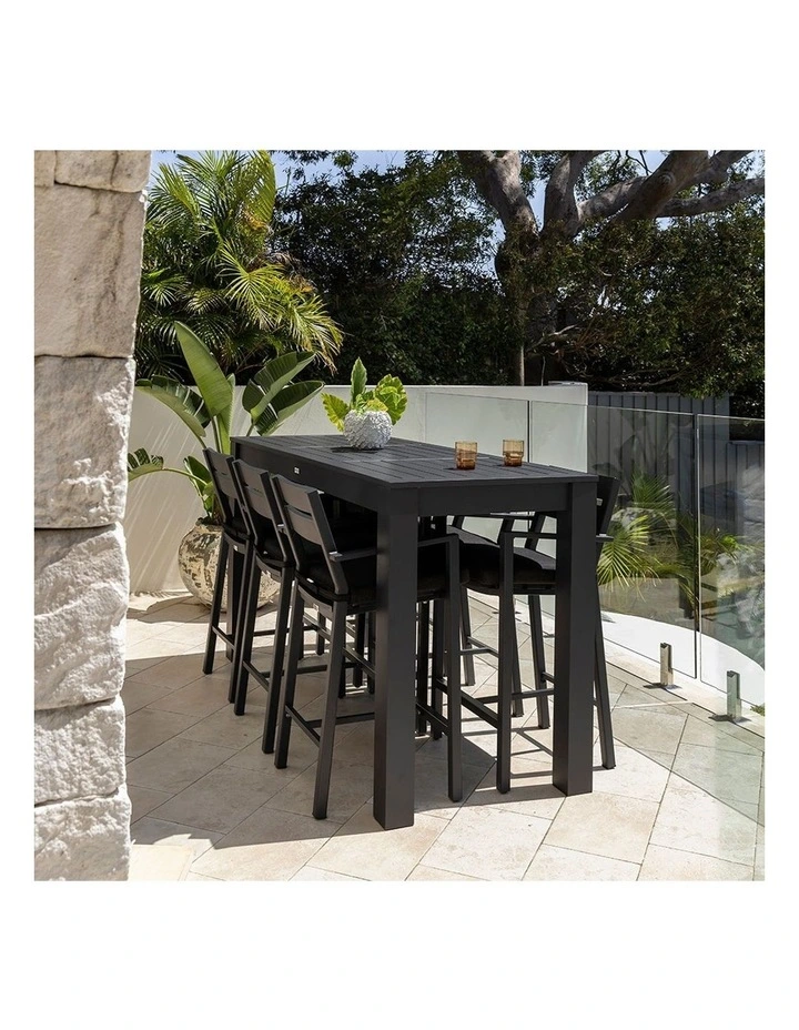 Santorini Outdoor Aluminium 2m Bar Table Charcoal With 6 stools & Denim Grey Cushions image 4