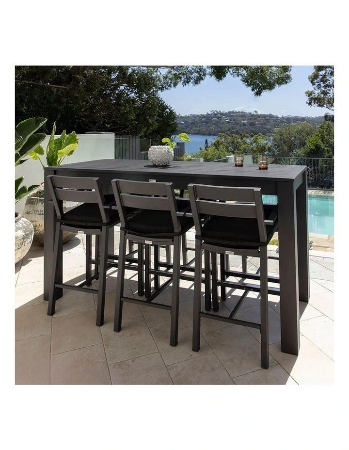 Santorini Outdoor Aluminium 2m Bar Table Charcoal With 6 stools & Denim Grey Cushions image 5
