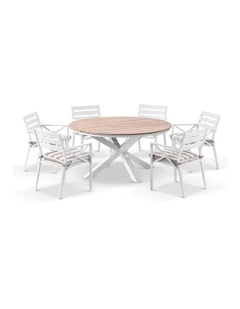 Tuscany 1.5m Aluminium and Teak Dining Table White With 6 Kansas Chairs & Heather Beige Cushions