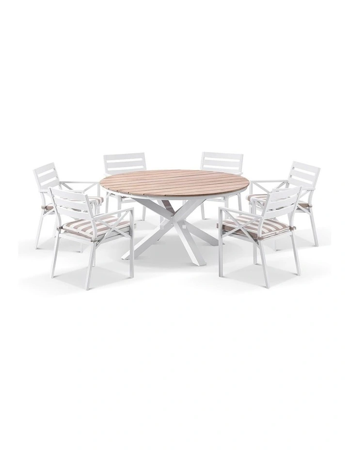 Tuscany 1.5m Aluminium and Teak Dining Table White With 6 Kansas Chairs & Heather Beige Cushions image 1