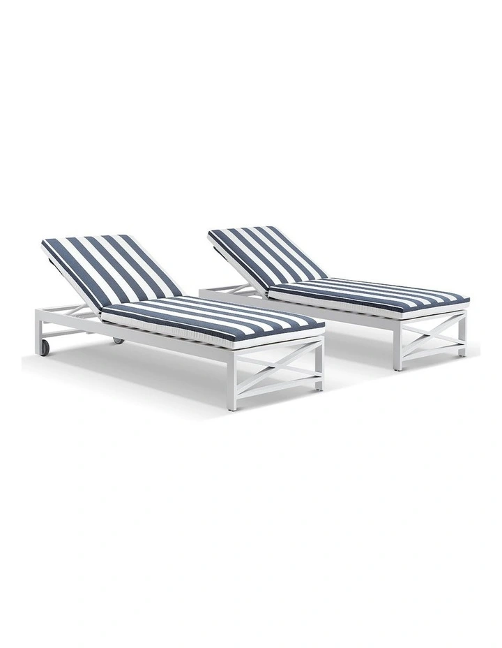 Kansas Outdoor Aluminium Sun Lounge Set on Wheels White & Navy Stripe Cushions image 1