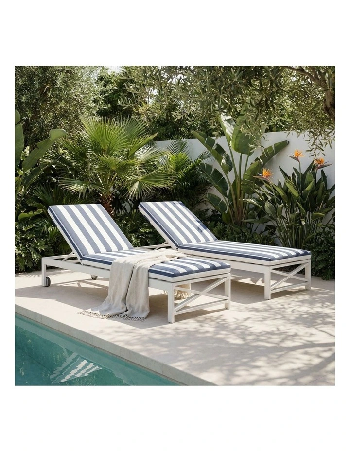 Kansas Outdoor Aluminium Sun Lounge Set on Wheels White & Navy Stripe Cushions image 3