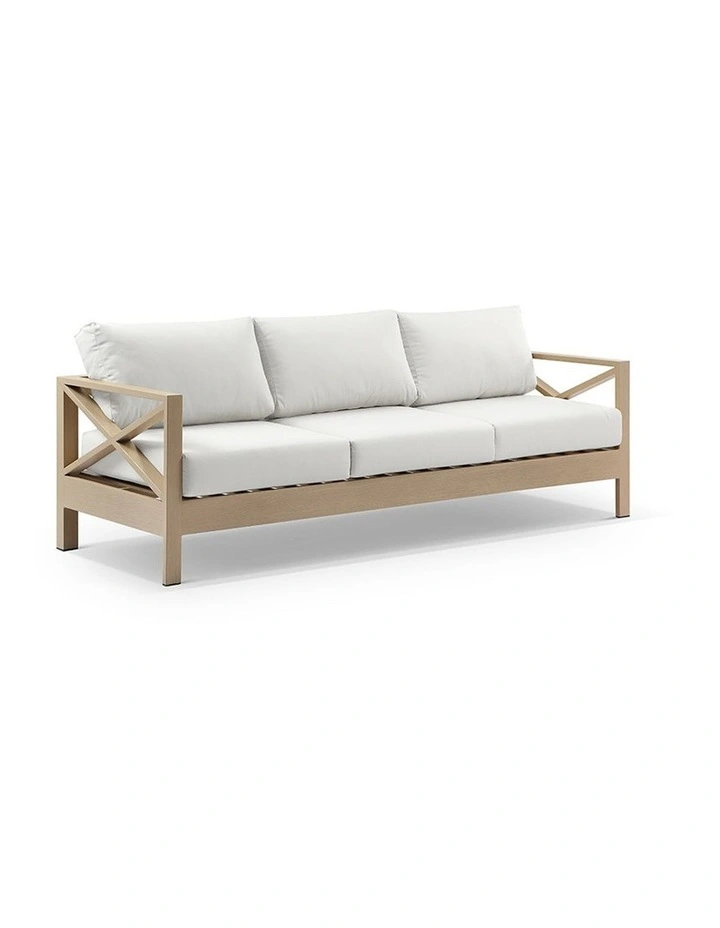 Kansas 3 seater Outdoor Aluminium Lounge Light Oak & Olefin White Cushions image 1