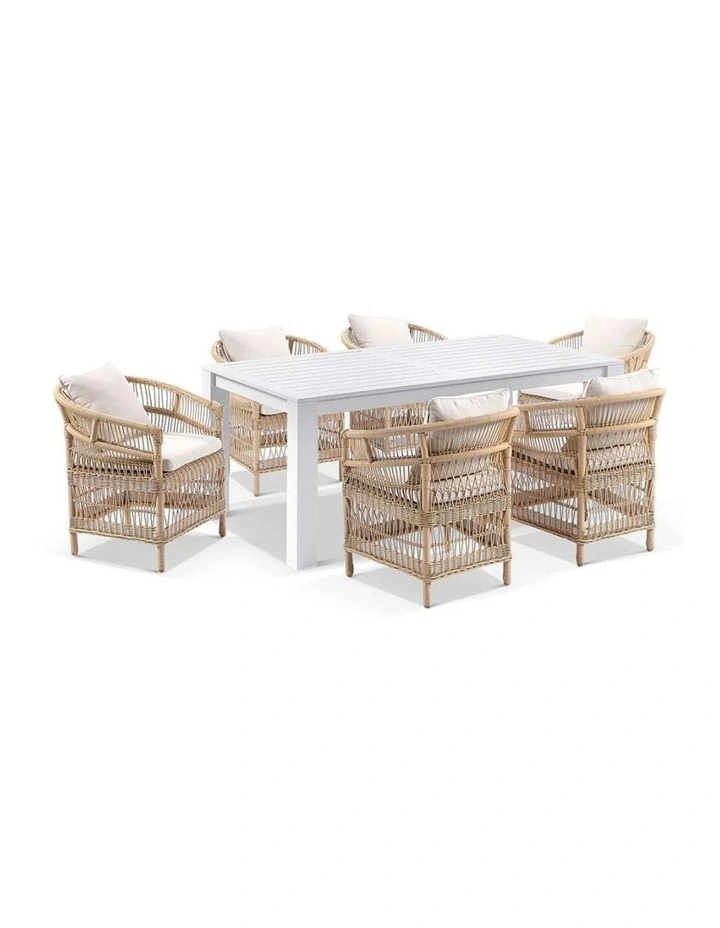 Santorini 1.8m Outdoor Aluminium Dining Table White With 6 Wicker Chairs & Wheat/Cream Cushions image 1