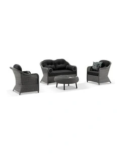 Plantation Outdoor Wicker Lounge Suite Brushed Grey With Coffee Table & Denim Cushions