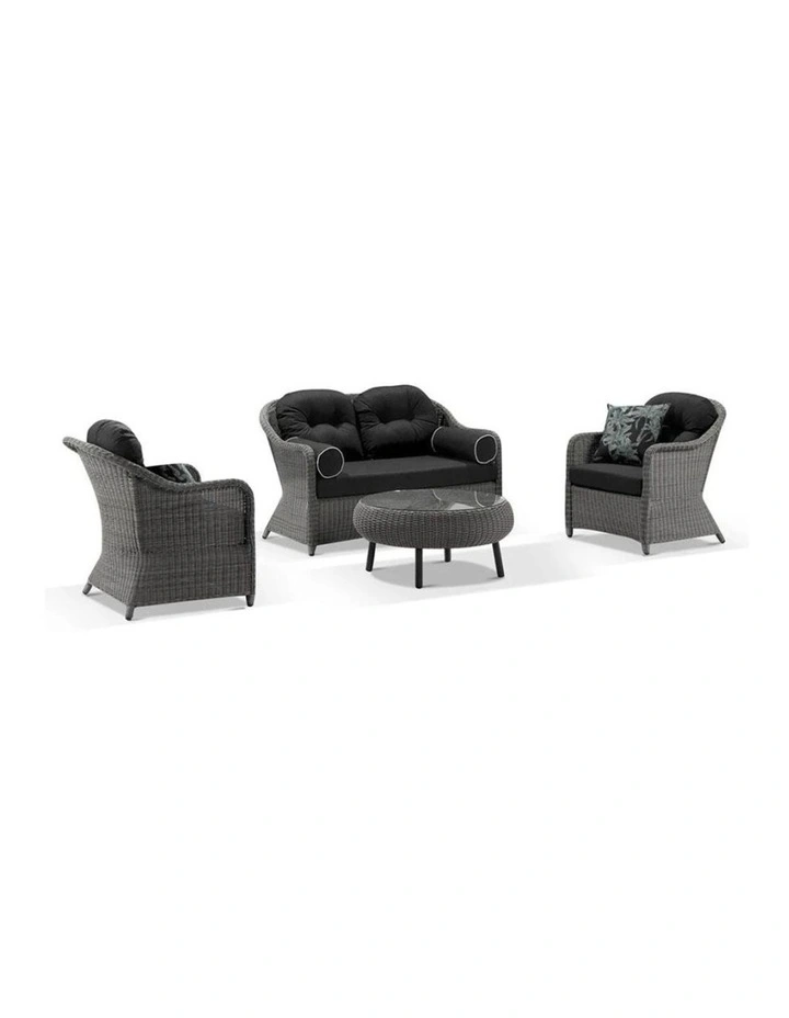 Plantation Outdoor Wicker Lounge Suite Brushed Grey With Coffee Table & Denim Cushions image 1