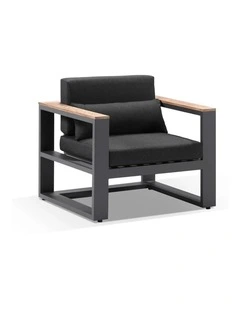 Balmoral 1 Seater Outdoor Aluminium and Teak Arm Chair Charcoal & Denim Grey Cushions