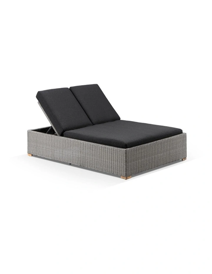 Breeze Outdoor Wicker Double Sun Lounge Brushed Grey With Side Table Set & Denim Cushions image 2