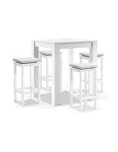 Santorini Outdoor Square Bar Table White With 4 Avoca Stools & Textured Olefin Grey Cushions