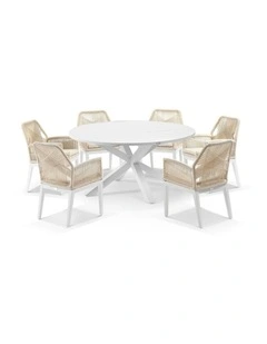Houston Outdoor 1.5m Aluminium Dining Setting White With 6 Hugo Chairs & Cream Rope/Cream Cushions