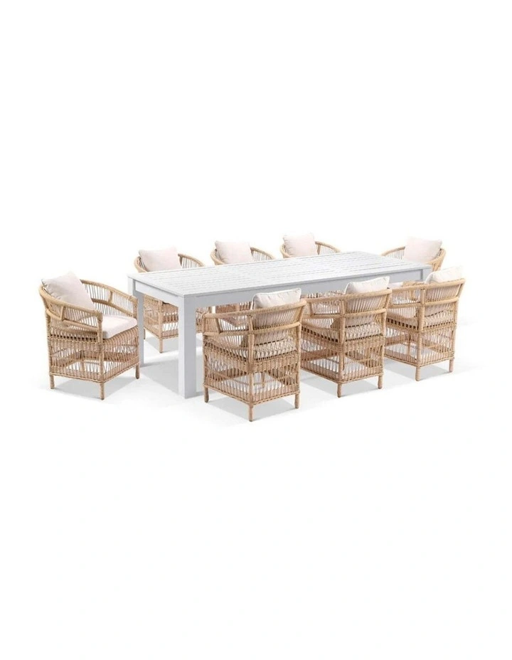 Santorini 2.5 Outdoor Aluminium Dining Table White With 8 Malawi Style Chairs & Wheat/Cream Cushions image 1