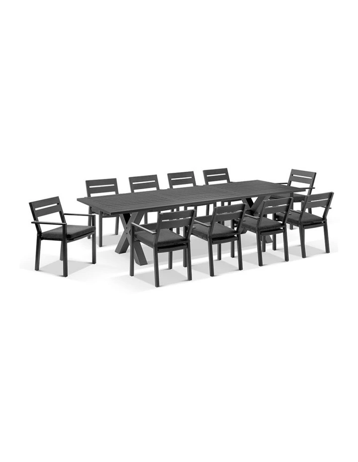 Tahitian 3m Aluminium Dining Table Charcoal with 10x Santorini Chairs & Denim Grey Cushions image 1