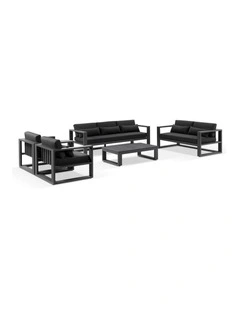 Santorini 3 2 1 1 Outdoor Aluminium Lounge Set Charcoal With Coffee Table & Denim Grey Cushions