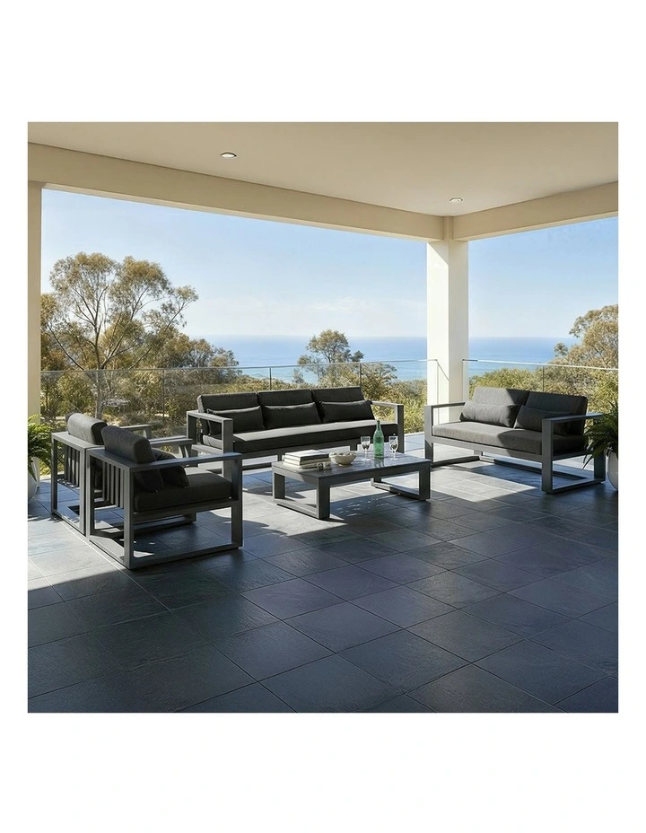 Santorini 3 2 1 1 Outdoor Aluminium Lounge Set Charcoal With Coffee Table & Denim Grey Cushions image 5