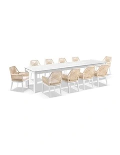 Santorini 3.55m Outdoor Aluminium Dining Table White With 12 Hugo Chairs & Cream Rope/Cream Cushions
