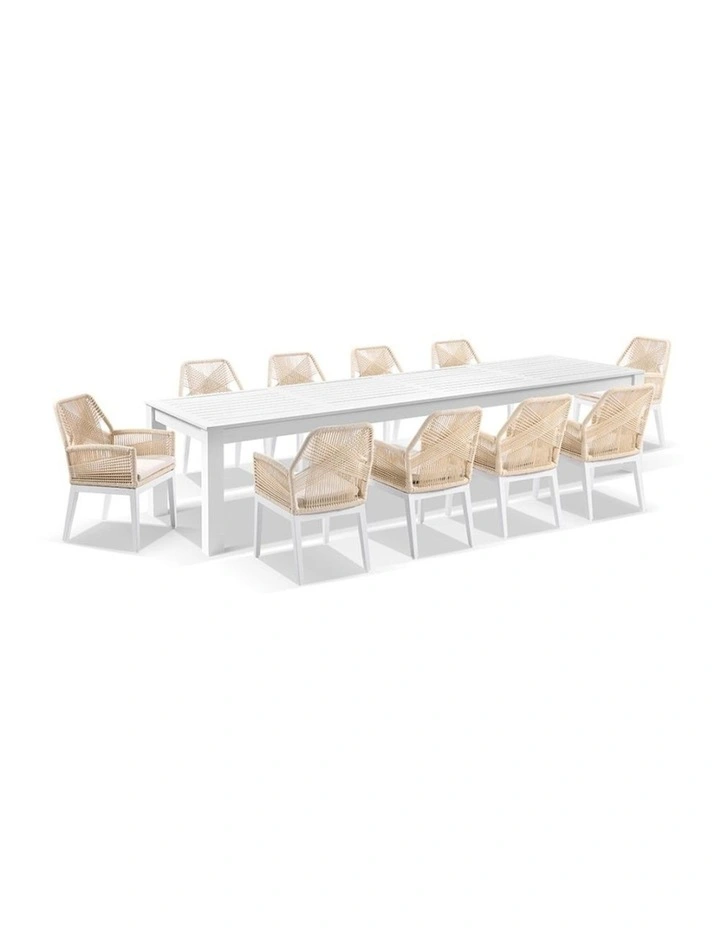 Santorini 3.55m Outdoor Aluminium Dining Table White With 12 Hugo Chairs & Cream Rope/Cream Cushions image 1