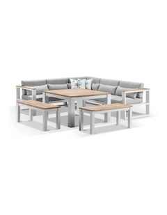 Balmoral Outdoor Aluminium Lounge and Dining Setting White & Textured Olefin Grey Cushions
