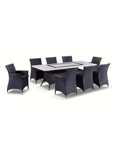 Caesar 8 Rectangle 9 pce Stone and Wicker Outdoor Dining Setting Charcoal & Denim Grey Cushions