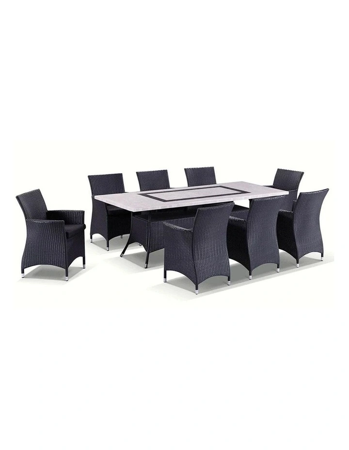 Caesar 8 Rectangle 9 pce Stone and Wicker Outdoor Dining Setting Charcoal & Denim Grey Cushions image 1