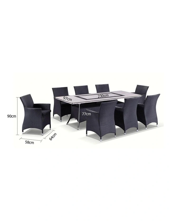 Caesar 8 Rectangle 9 pce Stone and Wicker Outdoor Dining Setting Charcoal & Denim Grey Cushions image 4