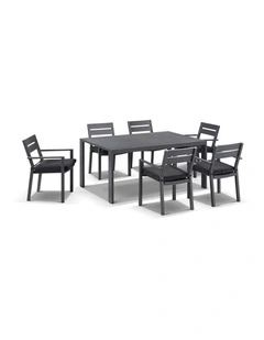 Capri 6 Seater Outdoor Aluminium Dining Setting Charcoal With Santorini Chairs & Denim Grey Cushions