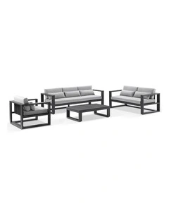 Santorini 3 2 1 Outdoor Lounge Setting Charcoal With Coffee Table & Olefin Light Grey Cushions
