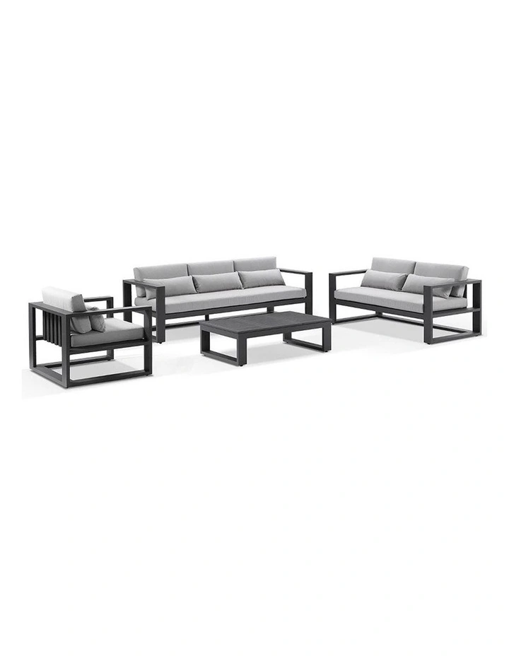 Santorini 3 2 1 Outdoor Lounge Setting Charcoal With Coffee Table & Olefin Light Grey Cushions image 1