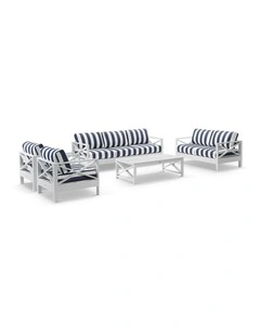 Kansas 3 2 1 1 seater Outdoor Aluminium Lounge Set White With Coffee Table & Navy Stripe Cushions