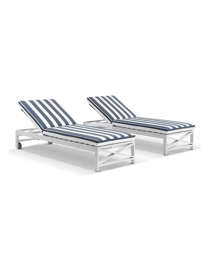 Kansas Outdoor Aluminium Sun Lounge Set on Wheels White With Hugo Side Table & Navy Stripe Cushions image 1