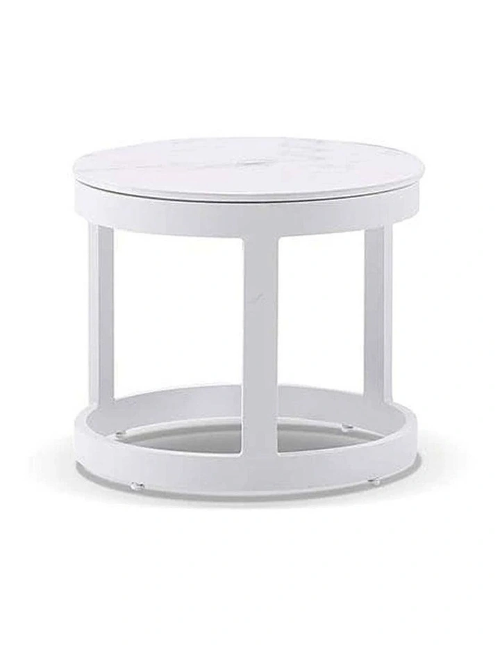 Kansas Outdoor Aluminium Sun Lounge Set on Wheels White With Hugo Side Table & Navy Stripe Cushions image 3