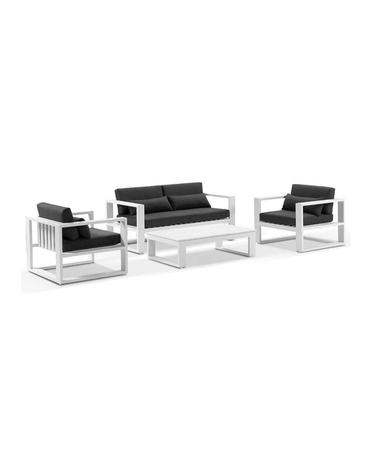 Santorini 2 1 1 Outdoor Aluminium Lounge Set White With Coffee Table & Denim Grey Cushions image 1