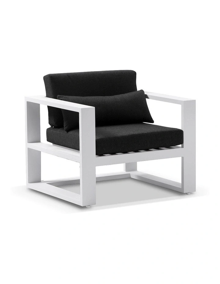 Santorini 2 1 1 Outdoor Aluminium Lounge Set White With Coffee Table & Denim Grey Cushions image 3