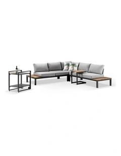 Nova Aluminium Lounge Charcoal With Bar Cart & Side Table Textured Olefin Grey Cushions