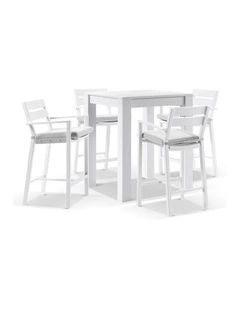 Santorini Outdoor Aluminium Square Bar Table White With 4 stools & Textured Grey Cushions